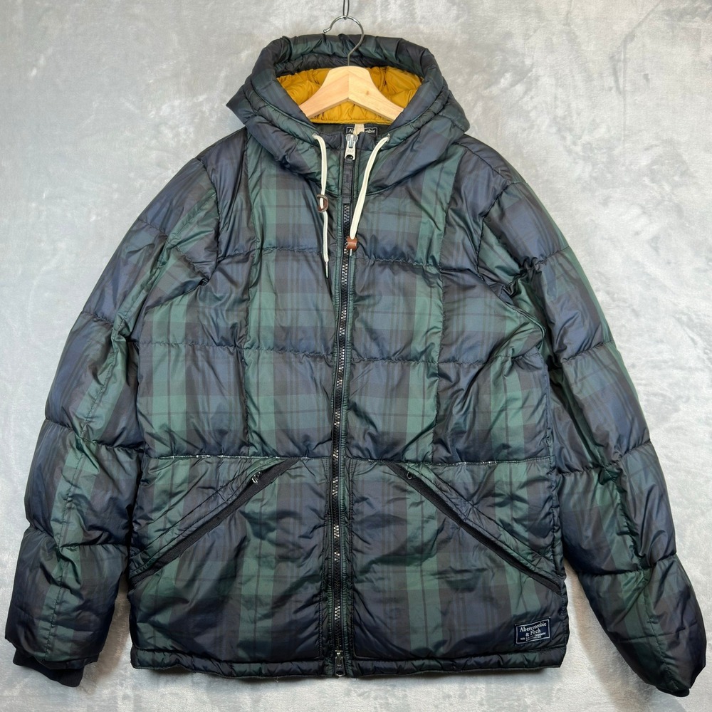 Abercrombie & Fitch Puffer Jacket Mens XL Green Black Watch Plaid Down Insulated